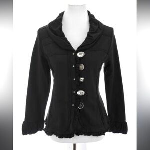 Neon Buddha jacket - black “multi-button” fitted blazer with ruffles